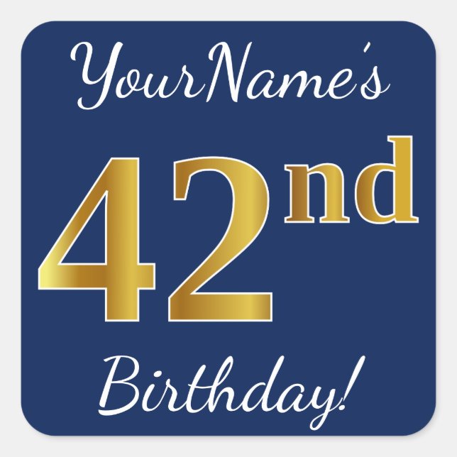 Blue, Faux Gold 42nd Birthday + Custom Name Square Sticker (Front)