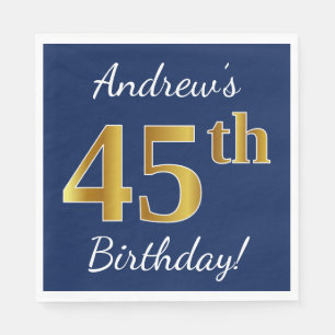 Blue, Faux Gold 45th Birthday + Custom Name Napkin