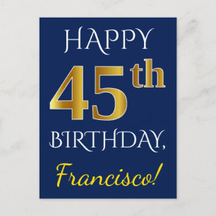Blue, Faux Gold 45th Birthday + Custom Name Postcard