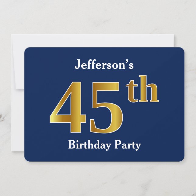 Blue, Faux Gold 45th Birthday Party + Custom Name Invitation (Front)