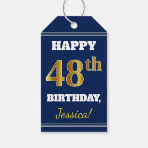 Blue, Faux Gold 48th Birthday + Custom Name Gift Tags