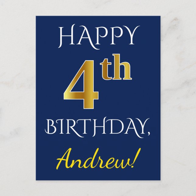 Blue, Faux Gold 4th Birthday + Custom Name Postcard (Front)