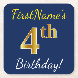 Blue, Faux Gold 4th Birthday + Custom Name Square Paper Coaster