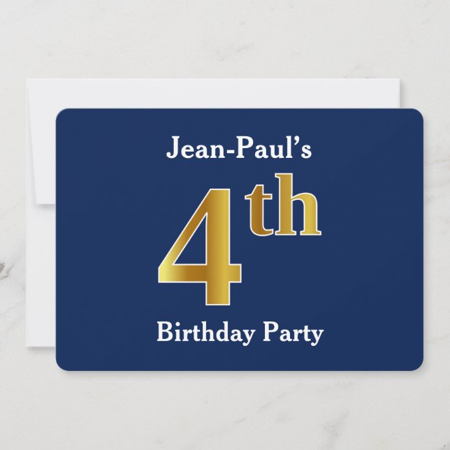 Blue, Faux Gold 4th Birthday Party + Custom Name Invitation (Front)