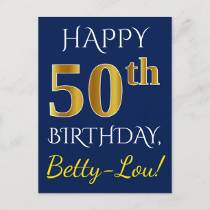 Blue, Faux Gold 50th Birthday + Custom Name Postcard