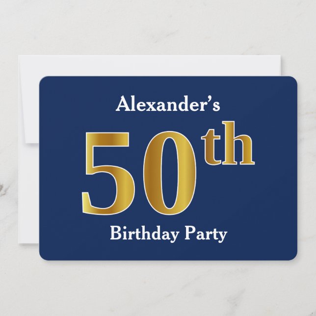 Blue, Faux Gold 50th Birthday Party + Custom Name Invitation (Front)