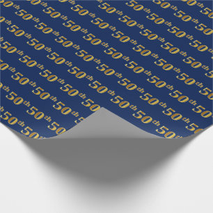 Blue, Faux Gold 50th (Fiftieth) Event Wrapping Paper