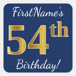 Blue, Faux Gold 54th Birthday + Custom Name Square Sticker