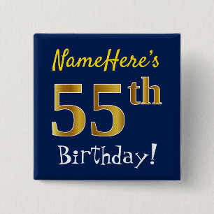 Blue, Faux Gold 55th Birthday, With Custom Name 15 Cm Square Badge
