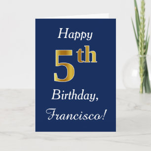 Blue, Faux Gold 5th Birthday + Custom Name Card