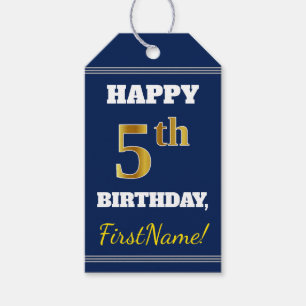 Blue, Faux Gold 5th Birthday + Custom Name Gift Tags