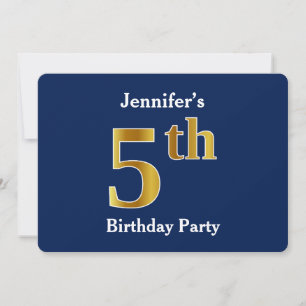 Blue, Faux Gold 5th Birthday Party + Custom Name Invitation