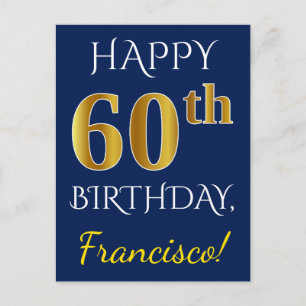 Blue, Faux Gold 60th Birthday + Custom Name Postcard
