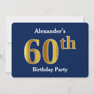 Blue, Faux Gold 60th Birthday Party + Custom Name Invitation
