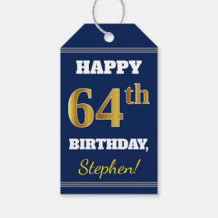 Blue, Faux Gold 64th Birthday + Custom Name Gift Tags