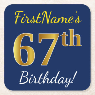 Blue, Faux Gold 67th Birthday + Custom Name Square Paper Coaster