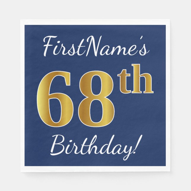 Blue, Faux Gold 68th Birthday + Custom Name Napkin (Front)
