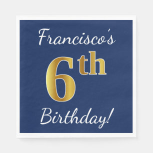 Blue, Faux Gold 6th Birthday + Custom Name Napkin