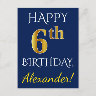 Blue, Faux Gold 6th Birthday + Custom Name Postcard