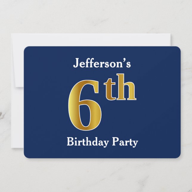 Blue, Faux Gold 6th Birthday Party + Custom Name Invitation (Front)