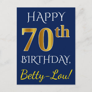Blue, Faux Gold 70th Birthday + Custom Name Postcard