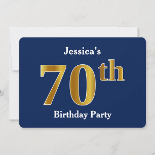 Blue, Faux Gold 70th Birthday Party + Custom Name Invitation