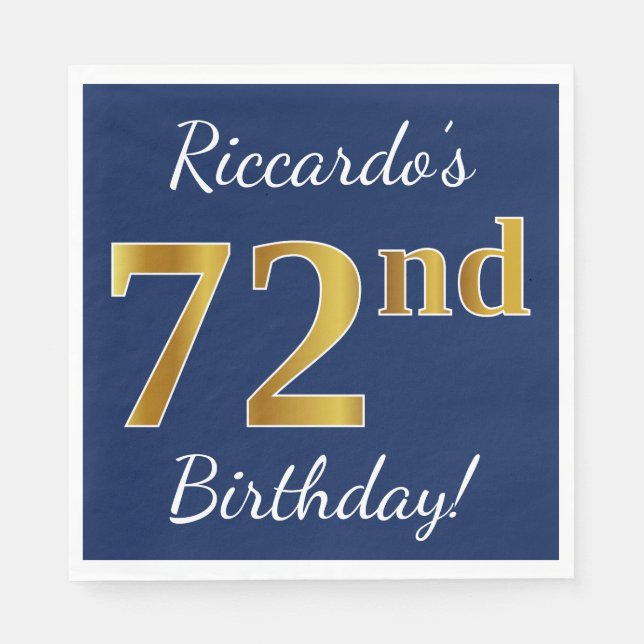 Blue, Faux Gold 72nd Birthday + Custom Name Napkin (Front)