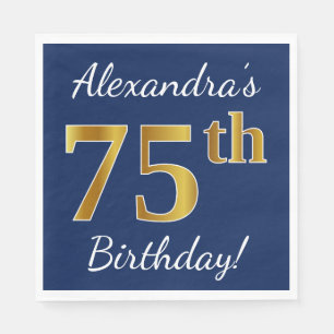 Blue, Faux Gold 75th Birthday + Custom Name Napkin
