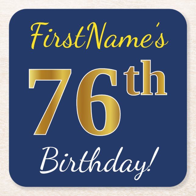 Blue, Faux Gold 76th Birthday + Custom Name Square Paper Coaster (Front)