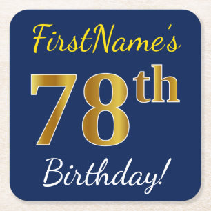 Blue, Faux Gold 78th Birthday + Custom Name Square Paper Coaster