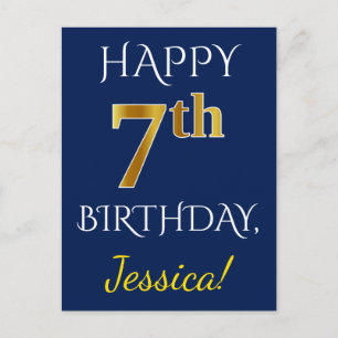 Blue, Faux Gold 7th Birthday + Custom Name Postcard