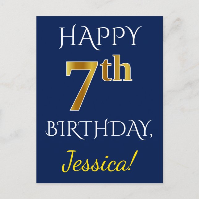 Blue, Faux Gold 7th Birthday + Custom Name Postcard (Front)