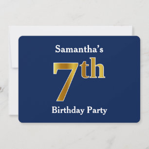 Blue, Faux Gold 7th Birthday Party + Custom Name Invitation