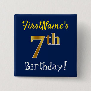 Blue, Faux Gold 7th Birthday, With Custom Name 15 Cm Square Badge
