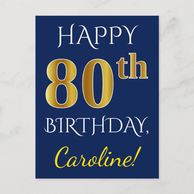 Blue, Faux Gold 80th Birthday + Custom Name Postcard (Front)