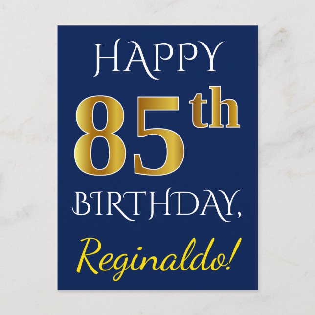 Blue, Faux Gold 85th Birthday + Custom Name Postcard (Front)