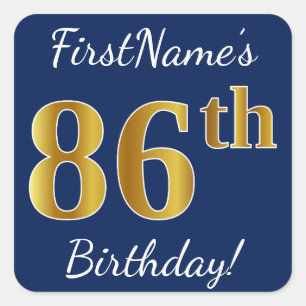 Blue, Faux Gold 86th Birthday + Custom Name Square Sticker