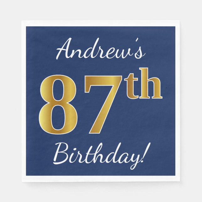 Blue, Faux Gold 87th Birthday + Custom Name Napkin (Front)
