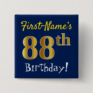 Blue, Faux Gold 88th Birthday, With Custom Name 15 Cm Square Badge