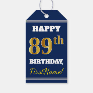 Blue, Faux Gold 89th Birthday + Custom Name Gift Tags