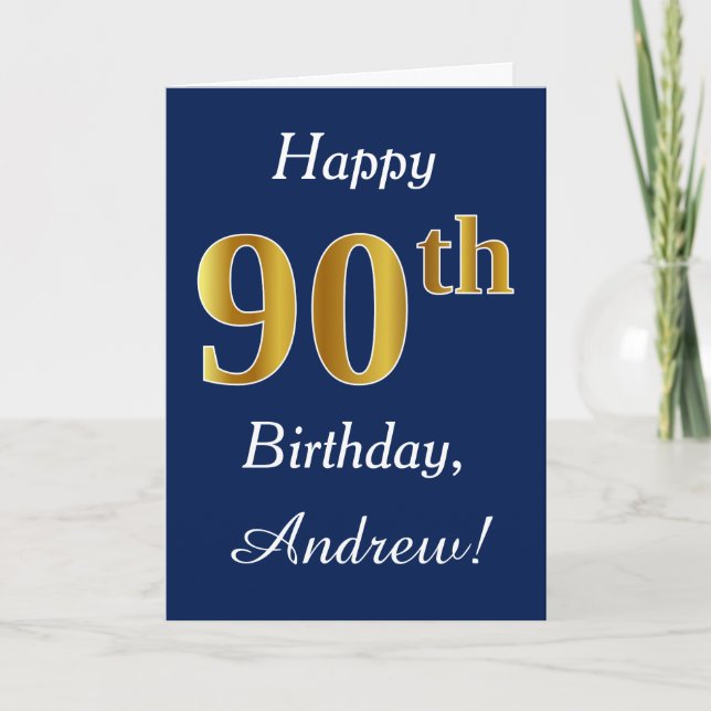 Blue, Faux Gold 90th Birthday + Custom Name Card (Front)