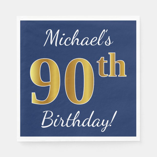 Blue, Faux Gold 90th Birthday + Custom Name Napkin (Front)