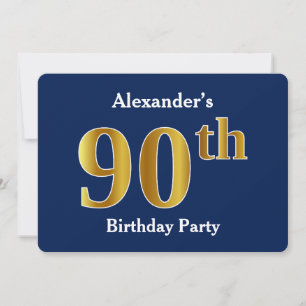 Blue, Faux Gold 90th Birthday Party + Custom Name Invitation