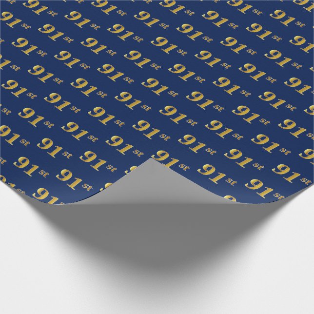 Blue, Faux Gold 91st (Ninety-First) Event Wrapping Paper (Corner)