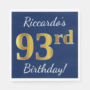 Blue, Faux Gold 93rd Birthday + Custom Name Napkin
