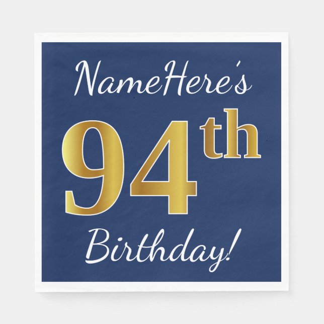 Blue, Faux Gold 94th Birthday + Custom Name Napkin (Front)
