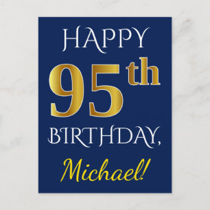 Blue, Faux Gold 95th Birthday + Custom Name Postcard