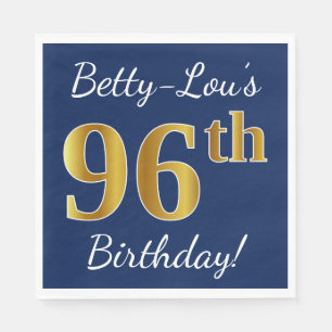 Blue, Faux Gold 96th Birthday + Custom Name Napkin