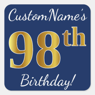 Blue, Faux Gold 98th Birthday + Custom Name Square Sticker
