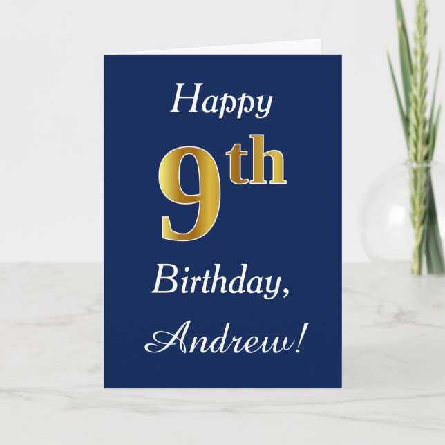 Blue, Faux Gold 9th Birthday + Custom Name Card (Front)